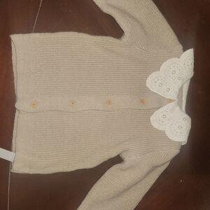 Beige Knit Button-Front Sweater Cardigan with Peter Pan Lace Collar